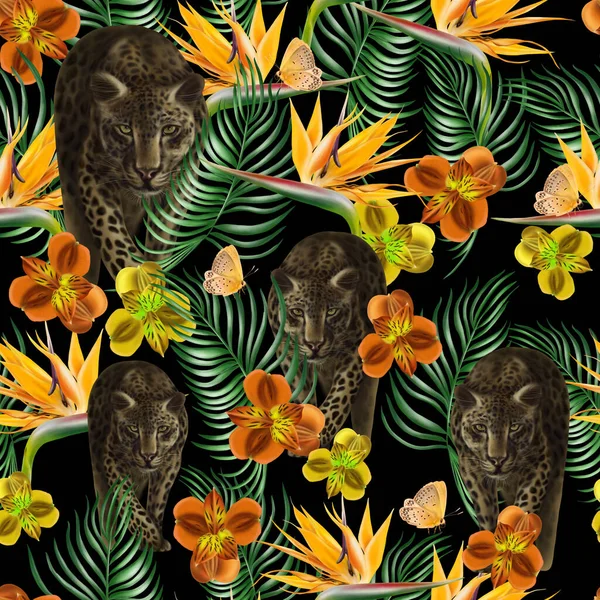 热带无缝图案 绿叶和花朵 — 图库照片