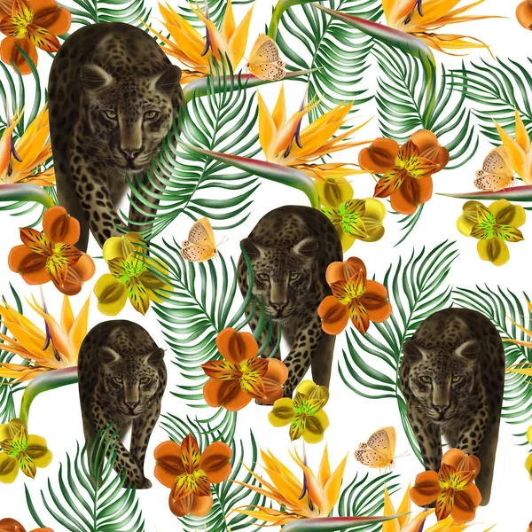 Tropický Bezešvý Vzor Zelenými Listy Květy Ilustrace — Stock fotografie