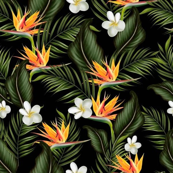 緑の葉や花と熱帯シームレスパターン イラスト — ストック写真