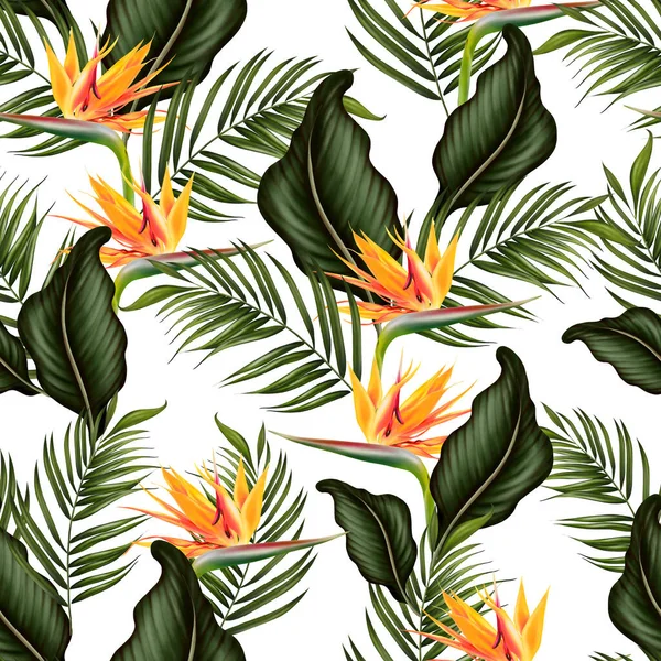 Padrão Sem Costura Tropical Com Folhas Verdes Flores Ilustração — Fotografia de Stock