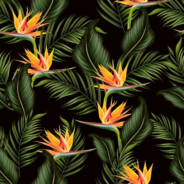 Tropical Seamless Pattern Green Leaves Flowers Illustration — Stock Photo, Image