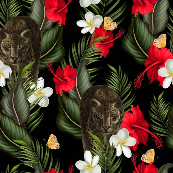 Tropisch Naadloos Patroon Met Groene Bladeren Bloemen Illustratie — Stockfoto