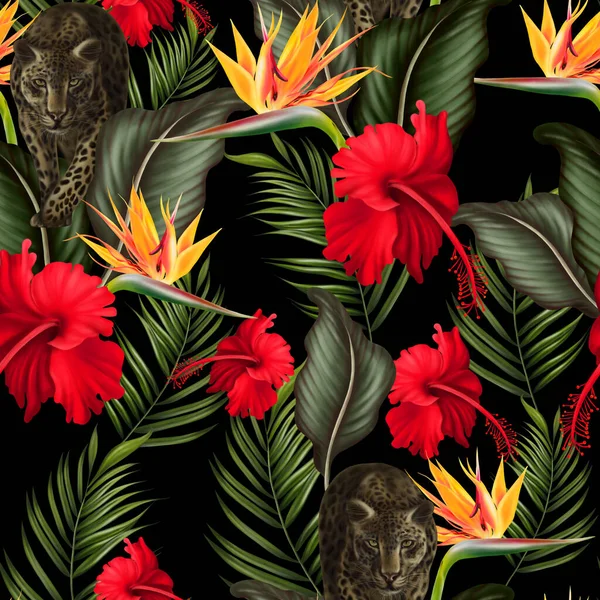 Modello Tropicale Senza Cuciture Con Foglie Verdi Fiori Illustrazione — Foto Stock