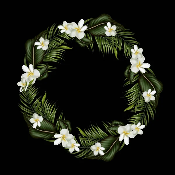 Tropikalny Wieniec Zielonymi Liśćmi Kwiatami Ilustracja — Zdjęcie stockowe