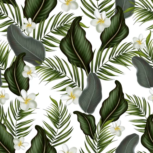Patrón Tropical Sin Costuras Con Hojas Verdes Flores Ilustración — Foto de Stock