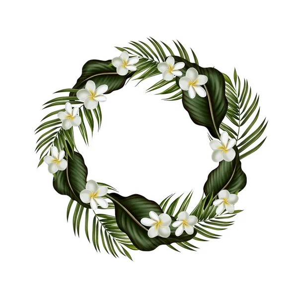 Trópusi Koszorú Zöld Levelekkel Virágokkal Illusztráció — Stock Fotó