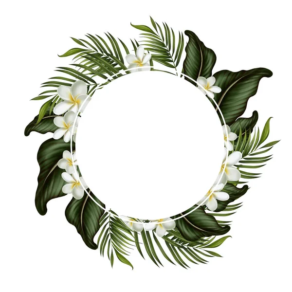 Tropikalna Karta Zielone Liście Kwiaty Ilustracja — Zdjęcie stockowe