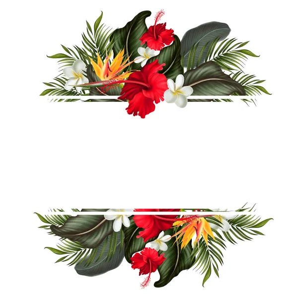 Tropical Card Hojas Verdes Flores Ilustración — Foto de Stock