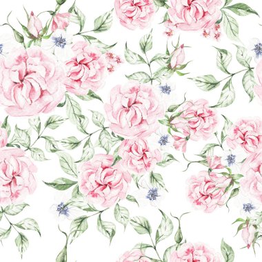 Güller ve kır çiçekleriyle sulu boya deseni. Görüntü