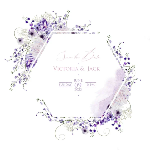 Akvarell Bröllopskort Med Hudrangea Rosor Och Vilda Blommor Gröna Blad — Stockfoto