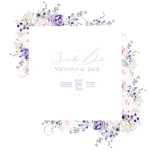 Biglietto Sposa Acquerello Con Udrangea Rose Fiori Selvatici Foglie Verdi — Foto Stock