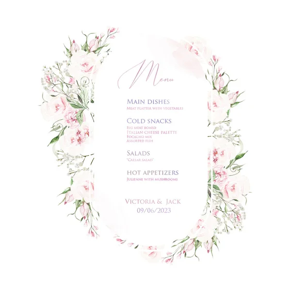 Biglietto Sposa Acquerello Con Fiori Rose Foglie Verdi Illustrazione — Foto Stock