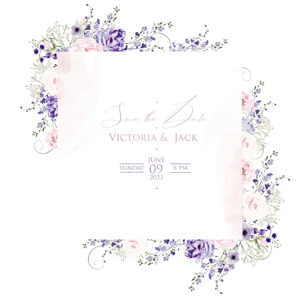Biglietto Sposa Acquerello Con Udrangea Rose Fiori Selvatici Foglie Verdi — Foto Stock