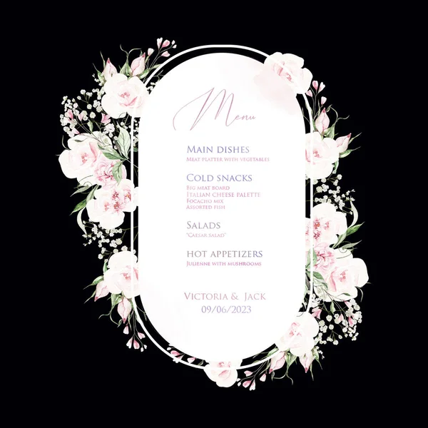 Akvarell Bröllopskort Med Rosor Blommor Och Gröna Blad Illustration — Stockfoto