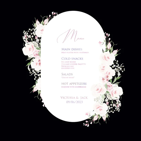 Cartão Casamento Aquarela Com Flores Rosas Folhas Verdes Ilustração — Fotografia de Stock
