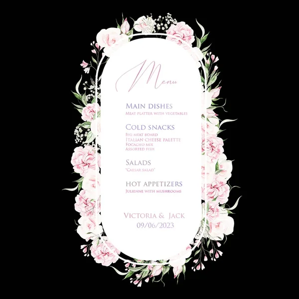Biglietto Sposa Acquerello Con Fiori Rose Foglie Verdi Illustrazione — Foto Stock