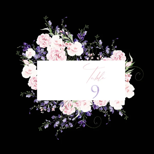 Aquarell Hochzeitskarte Mit Glyzinien Rosen Und Wildblumen Grüne Blätter Illustration — Stockfoto