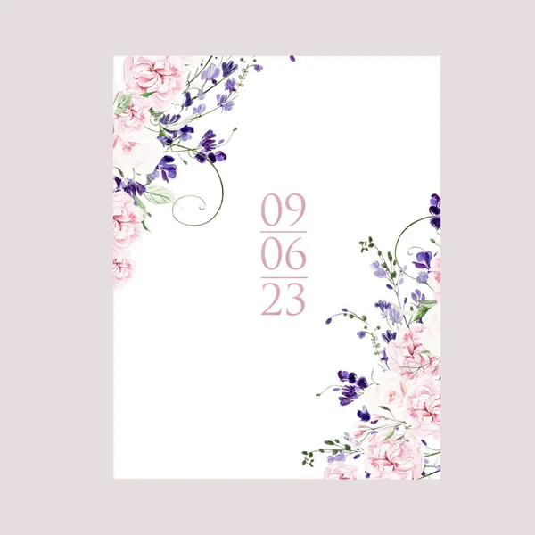 水彩结婚卡片上有紫藤 玫瑰和野花 说明1 — 图库照片