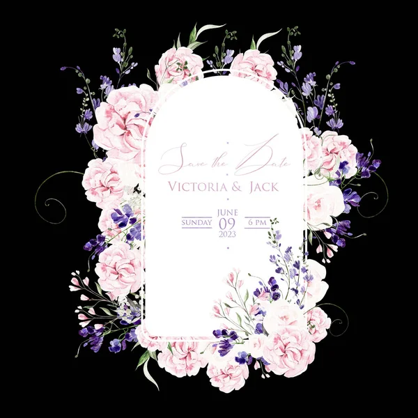 Biglietto Sposa Acquerello Con Glicine Rose Fiori Selvatici Foglie Verdi — Foto Stock