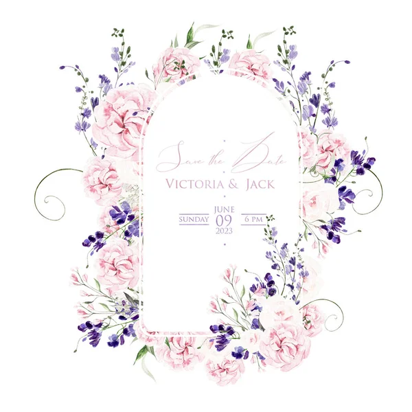水彩结婚卡片上有紫藤 玫瑰和野花 说明1 — 图库照片