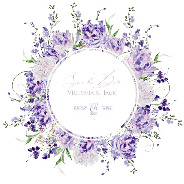 Cartão Casamento Aquarela Com Wisteria Rosas Flores Silvestres Folhas Verdes — Fotografia de Stock