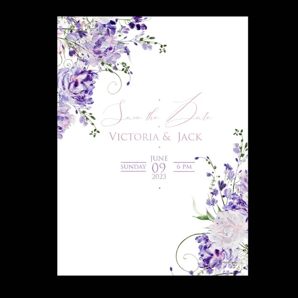 Akvarell Bröllopskort Med Wisteria Rosor Och Vilda Blommor Gröna Blad — Stockfoto