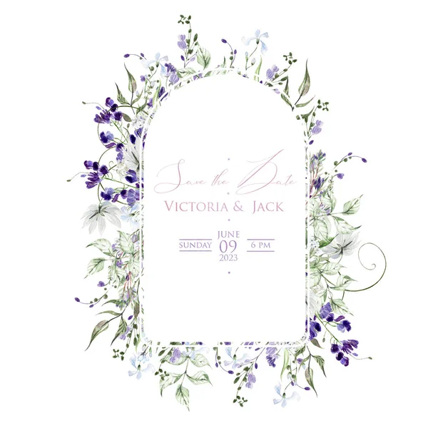 Akvarell Bröllopskort Med Blåregn Och Vilda Blommor Gröna Blad Illustration — Stockfoto