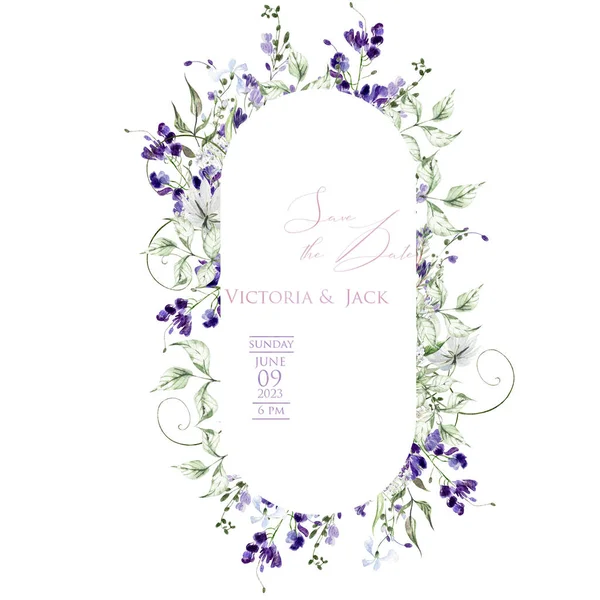 水彩结婚卡片上有紫藤和野花 说明1 — 图库照片