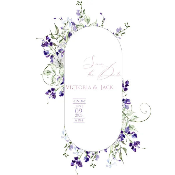 Watercolor Wedding Card Wisteria Wild Flowers Green Leaves Illustration — Stock Photo, Image