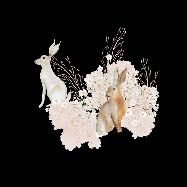 Aquarellkranz Mit Kaninchen Und Blumen Illustration — Stockfoto