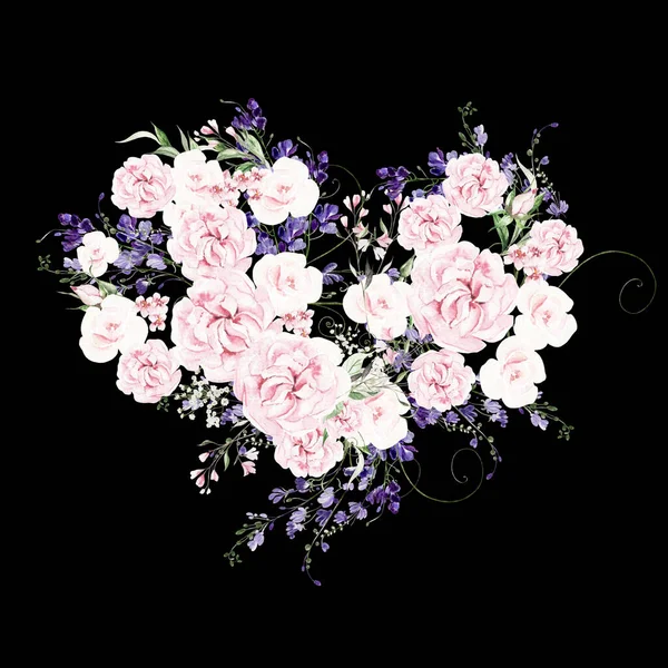 Ghirlanda Nozze Acquerello Con Glicine Rose Fiori Selvatici Foglie Verdi — Foto Stock