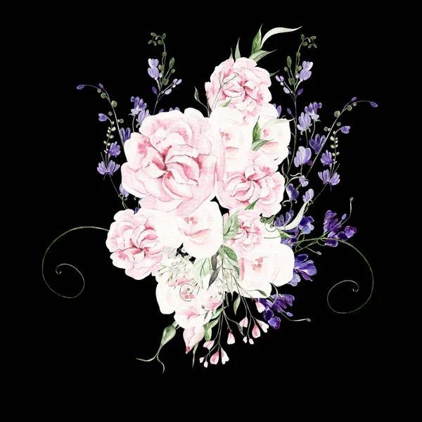 Grinalda Casamento Aquarela Com Wisteria Rosas Flores Silvestres Folhas Verdes — Fotografia de Stock