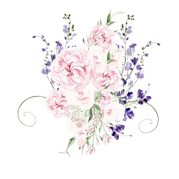 Akvarell Bröllopskrans Med Blåregn Rosor Och Vilda Blommor Gröna Blad — Stockfoto
