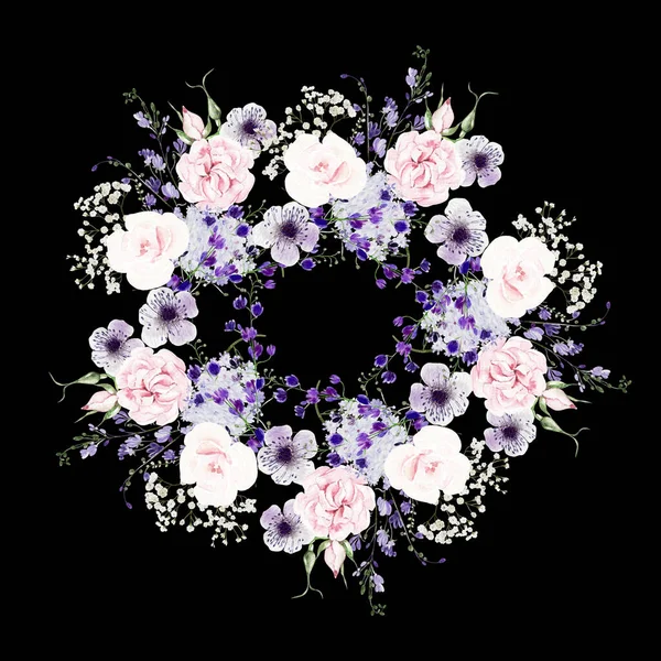 Ghirlanda Nozze Acquerello Con Glicine Rose Fiori Selvatici Foglie Verdi — Foto Stock