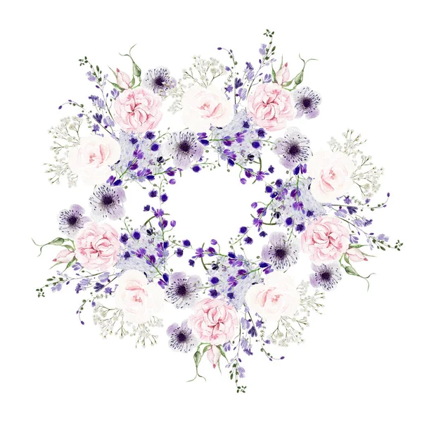 Salkımlı Suluboya Düğün Çelengi Güller Yabani Çiçekler Yeşil Yapraklar Görüntü — Stok fotoğraf