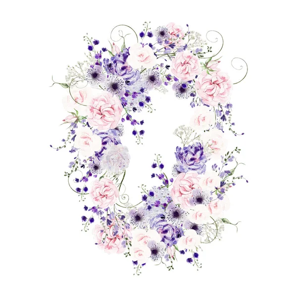 Akvarell Bröllopskrans Med Blåregn Rosor Och Vilda Blommor Gröna Blad — Stockfoto