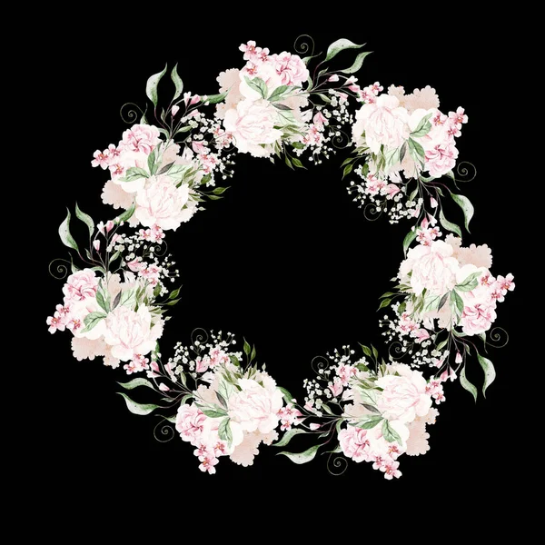 バラの花 緑の葉と水彩の結婚式の花輪 イラスト — ストック写真