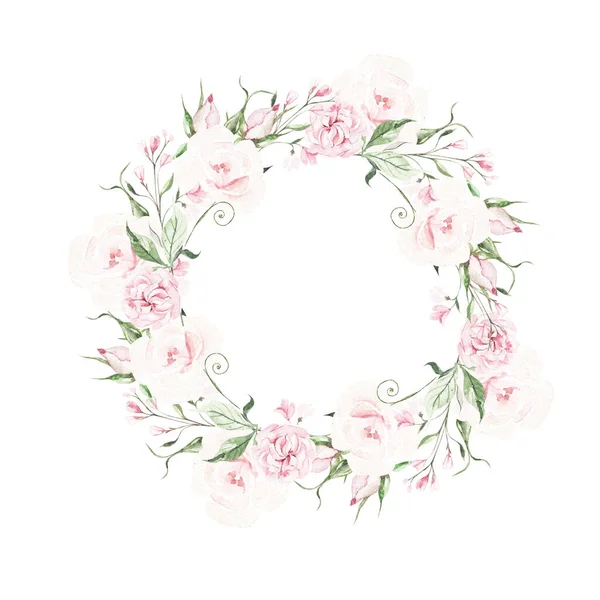 バラの花 緑の葉と水彩の結婚式の花輪 イラスト — ストック写真