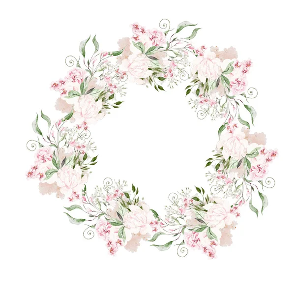 Στεφάνι Γάμου Ακουαρέλα Τριαντάφυλλα Πράσινα Φύλλα Εικονογράφηση — Φωτογραφία Αρχείου