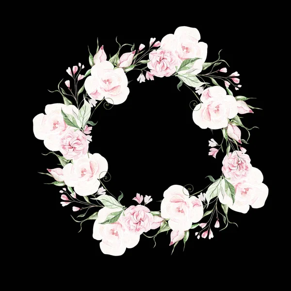 Grinalda Casamento Aquarela Com Flores Rosas Folhas Verdes Ilustração — Fotografia de Stock