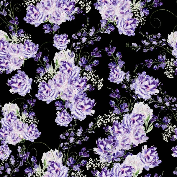 Güller Kır Çiçekleriyle Sulu Boya Deseni Görüntü — Stok fotoğraf