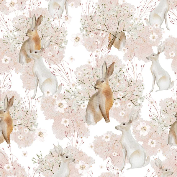 Akvarell Sömlöst Mönster Med Kaniner Och Vilda Blommor Illustration — Stockfoto