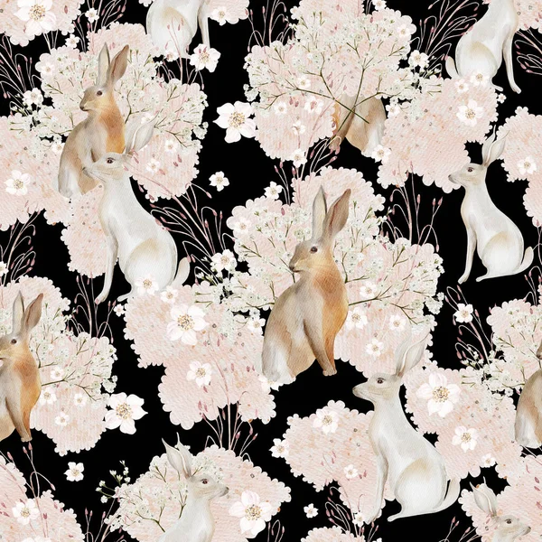 バニーと野生の花と水彩シームレスパターン イラスト — ストック写真