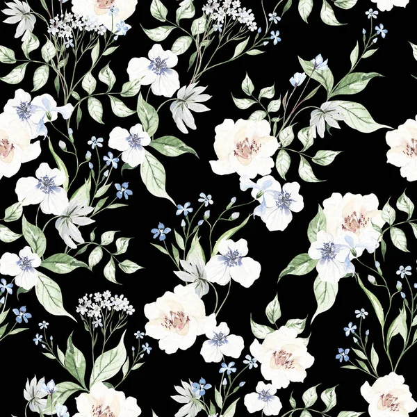 Güller Kır Çiçekleriyle Sulu Boya Deseni Görüntü — Stok fotoğraf