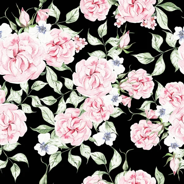 Padrão Sem Costura Aquarela Com Rosas Flores Silvestres Ilustração — Fotografia de Stock