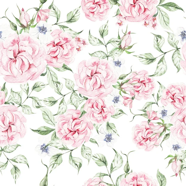 Akvarel Bezešvný Vzor Růžemi Divokými Květy Ilustrace — Stock fotografie