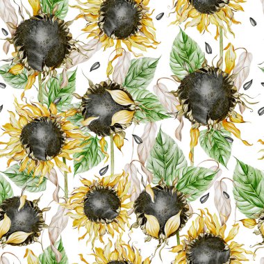 Watercolor seamless pattern with sunflowers and leaves. Illustration clipart