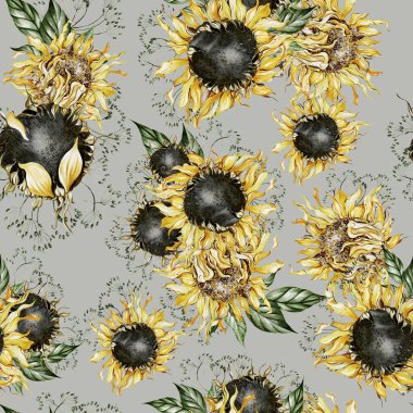 Ayçiçekleri ve yapraklarla suluboya desenli. Görüntü