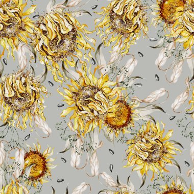 Ayçiçekleri ve yapraklarla suluboya desenli. Görüntü