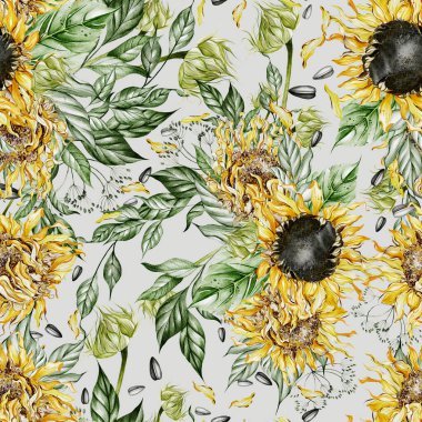 Ayçiçekleri ve yapraklarla suluboya desenli. Görüntü